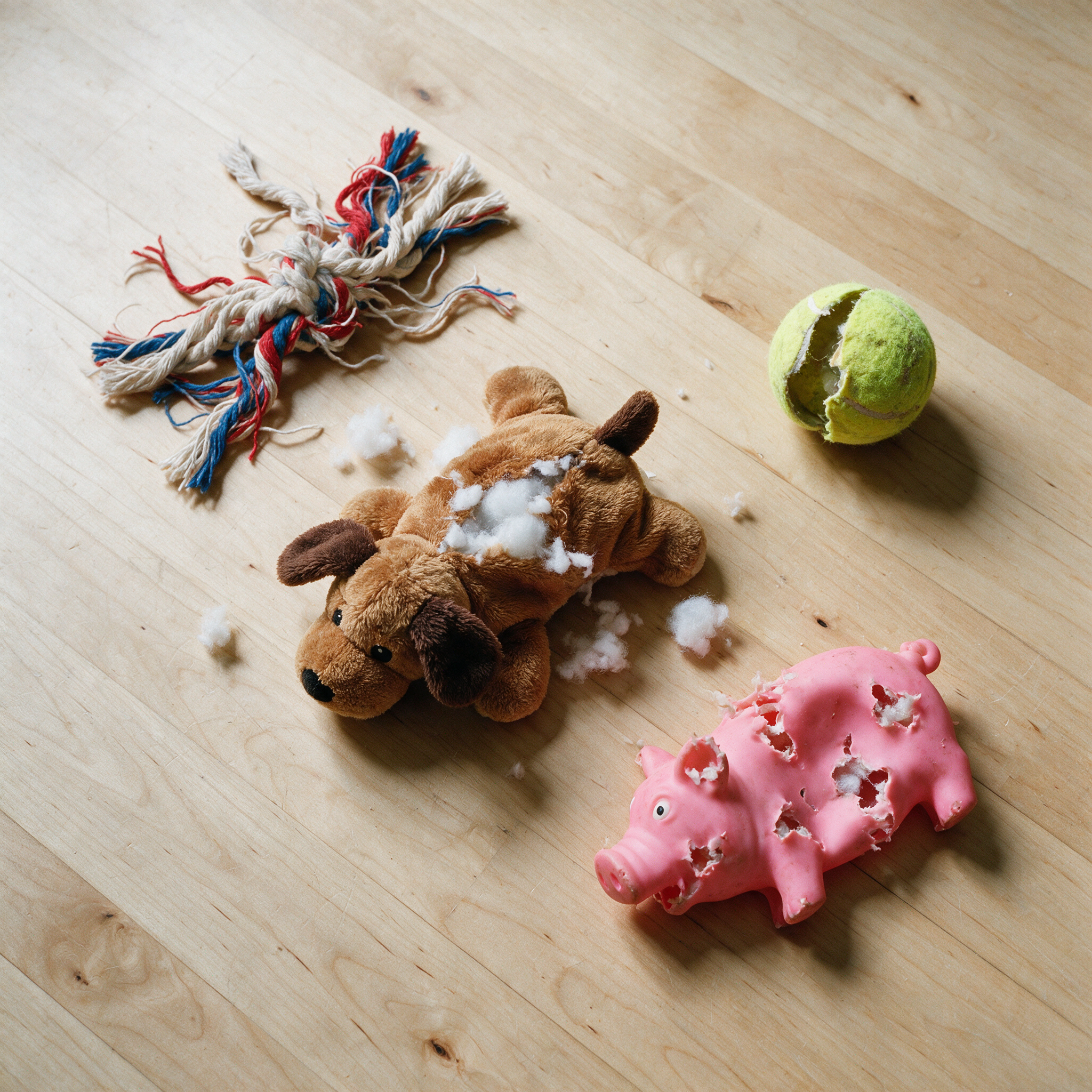 Slot 6 what it replaces - a pile of destroyed dog toys on a wooden floor