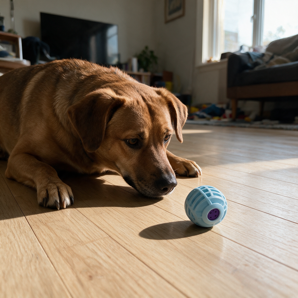 Slot 3 in-context - dog lying on a living room floor watching the Rolly Ball