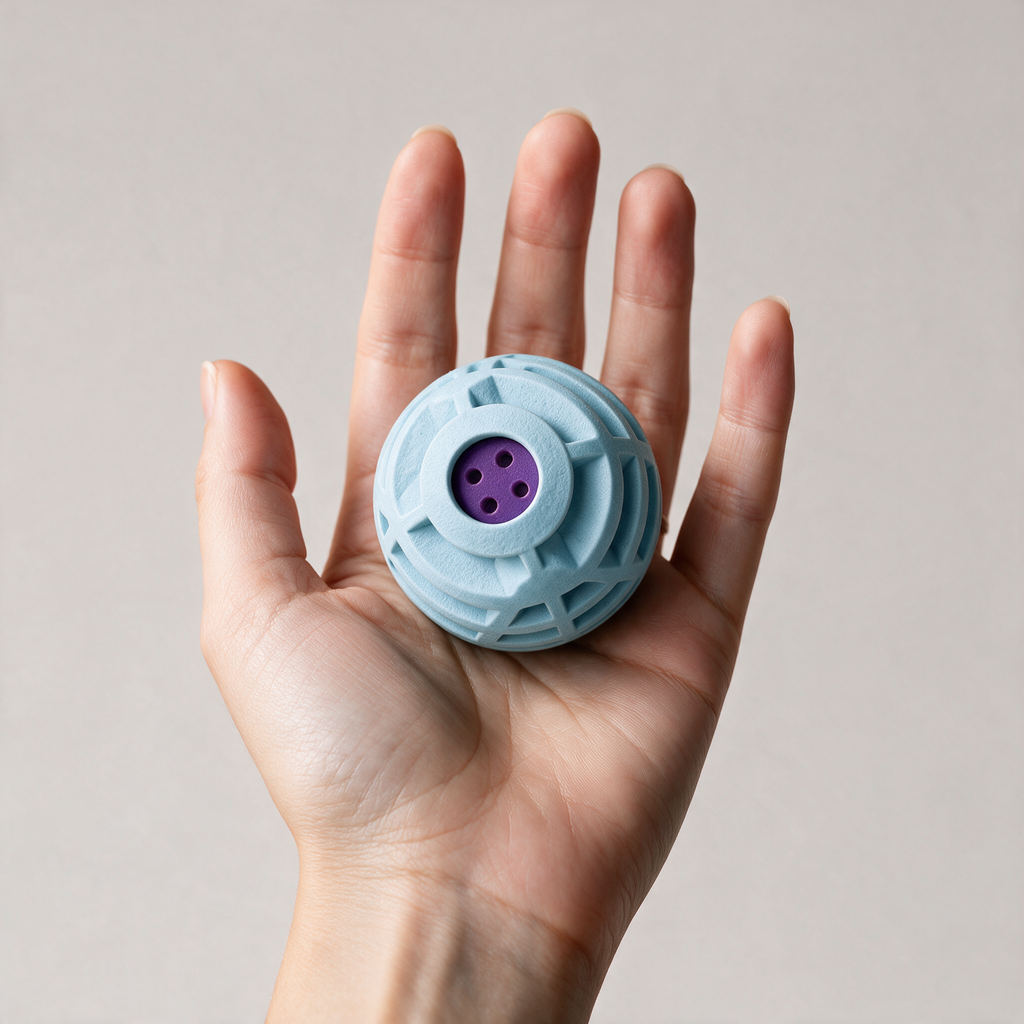 Slot 4 scale - the Rolly Ball held in an open hand to show its size